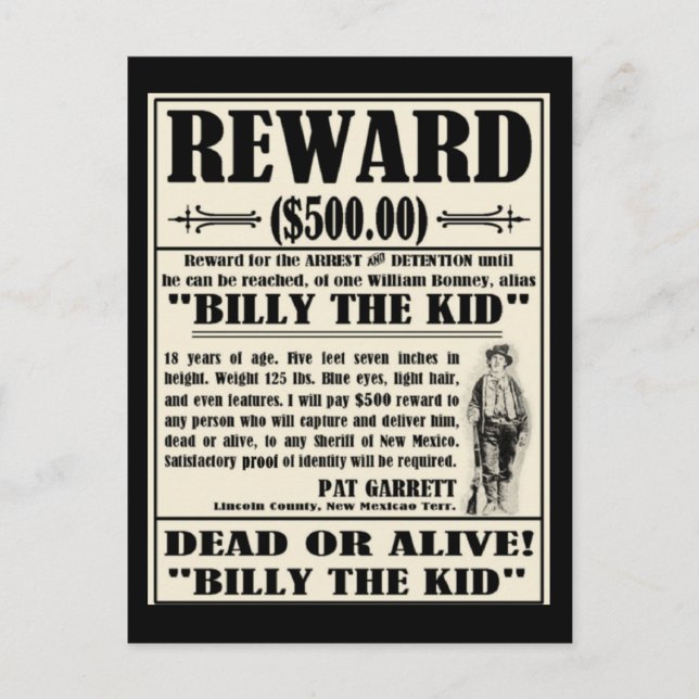 Postal Billy the Kid Wanted Poster (Anverso)