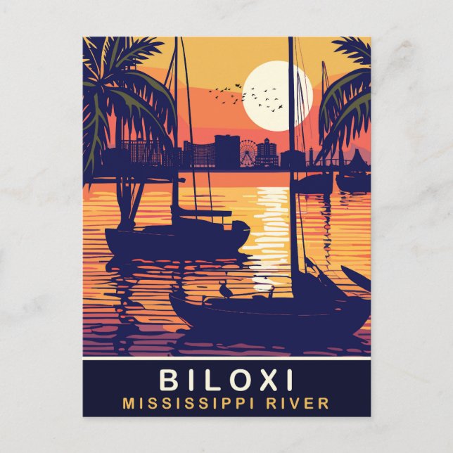 Postal Biloxi, puesta de sol sobre el río Misisipi, Viaje (Anverso)
