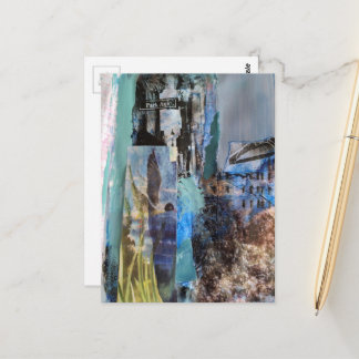 Postal Bird and City Buildings mixed media collage