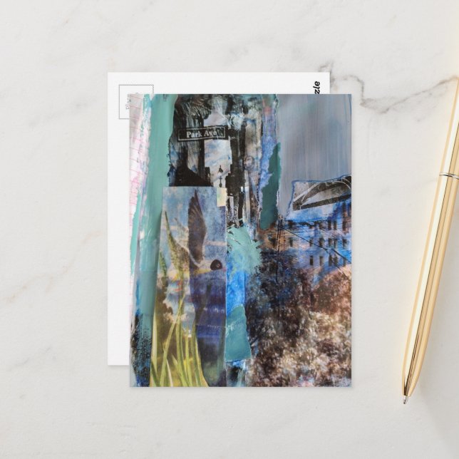 Postal Bird and City Buildings mixed media collage (Anverso/Reverso In Situ)