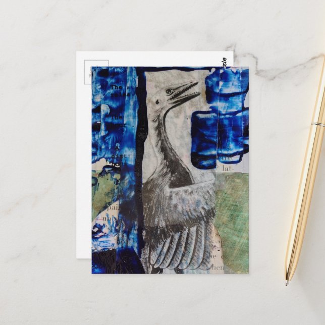 Postal Bird Dino Blue Paint Mixed Media Collage (Anverso/Reverso In Situ)