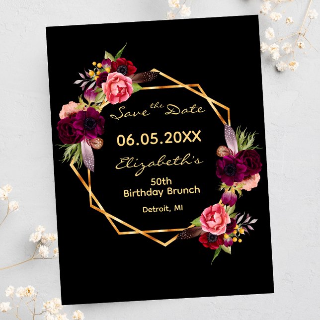 Postal Birday burgundy floral negro salva la fecha (Subido por el creador)