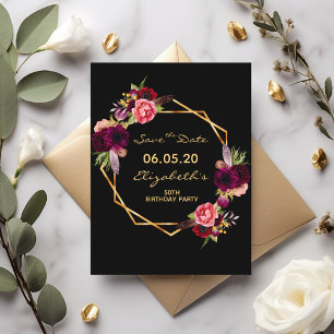 Postal Birthday burgundy black Save the Date card