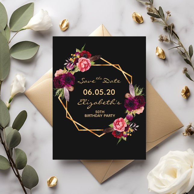Postal Birthday burgundy black Save the Date card (Subido por el creador)