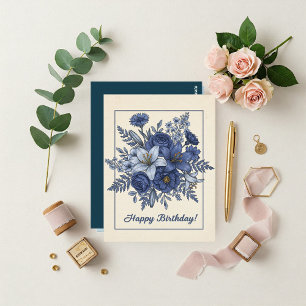 Postal Birthday Floral Card for Her – Blue & Elegant