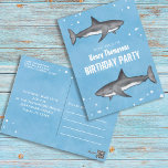 Postal Birthday Fun Simple Whimsical Sharks Blue Ocean<br><div class="desc">This cute design features a birthday cute pool water ocean, a watercolor shark fish sea animals, wild wildlife nautical marine life, with a QR code for the website, and online URL, as well as a Facebook social media icon, for your party event page., a sharks fish marine grey black, a...</div>