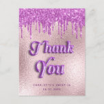 Postal Birthday pink purple glitter rose gold thank you<br><div class="desc">A thank you card for a Sweet 16 (or any age) 16th birthday. A rose gold, pink faux metallic looking background color. With purple faux glitter drips, paint dripping look. On the front the text: Thank You, your text, and a date. Thank you is written with a balloon style font....</div>