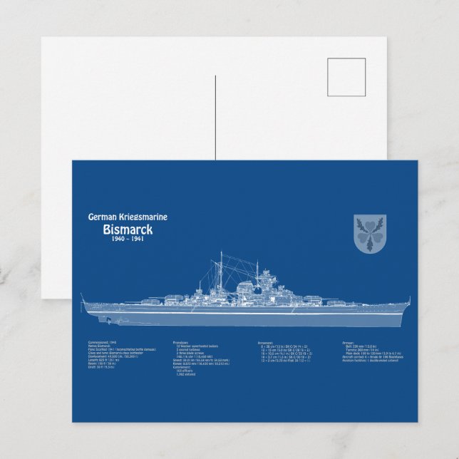 Postal Bismarck - Planes de Blueprint de Battleship (Anverso / Reverso)