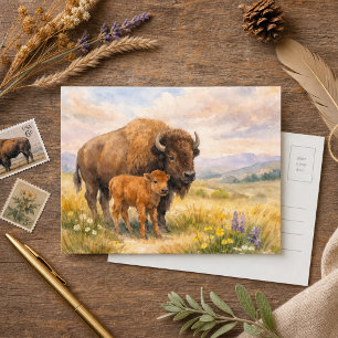 Postal Bison Acuarela Pastizal Naturaleza-Vida Silvestre