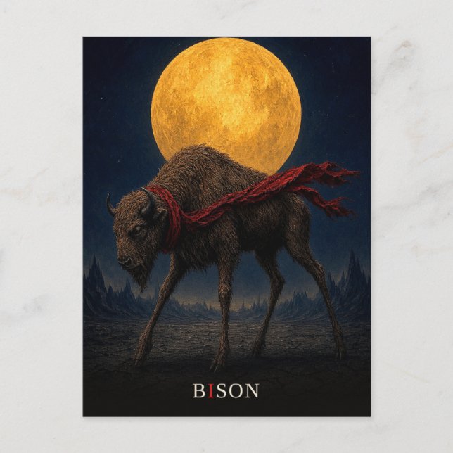 Postal Bison Bufanda Roja gótico Surrealista (Anverso)