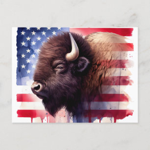 Postal Bison con la bandera de los Estados Unidos de Amér