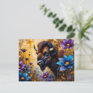Postal Bisonte americano en retrato de flor texturizada
