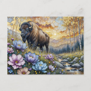 Postal Bisonte americano en valle montañoso floral