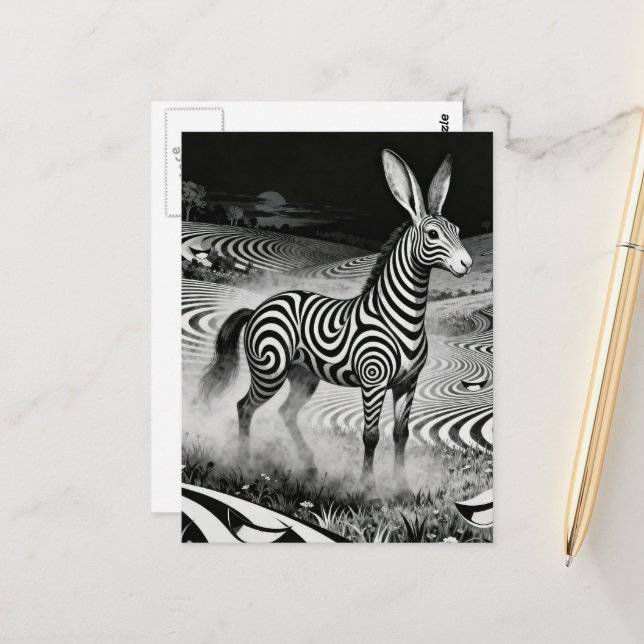 Postal Black an White Op art Fantasy Rabbit Horse Critter (Anverso/Reverso In Situ)