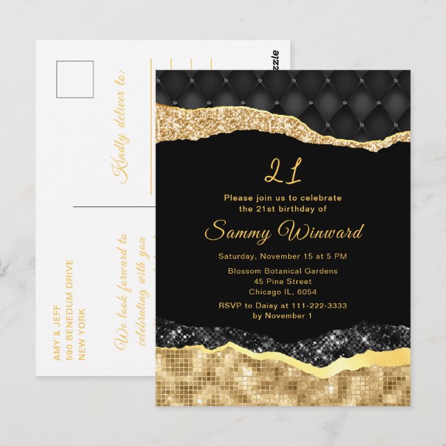 Postal Black and Gold Glam Lears Birday Party (Anverso / Reverso)