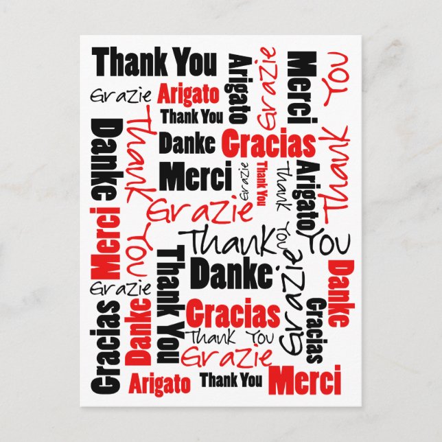 Postal Black and Red Gracias Word Cloud (Anverso)