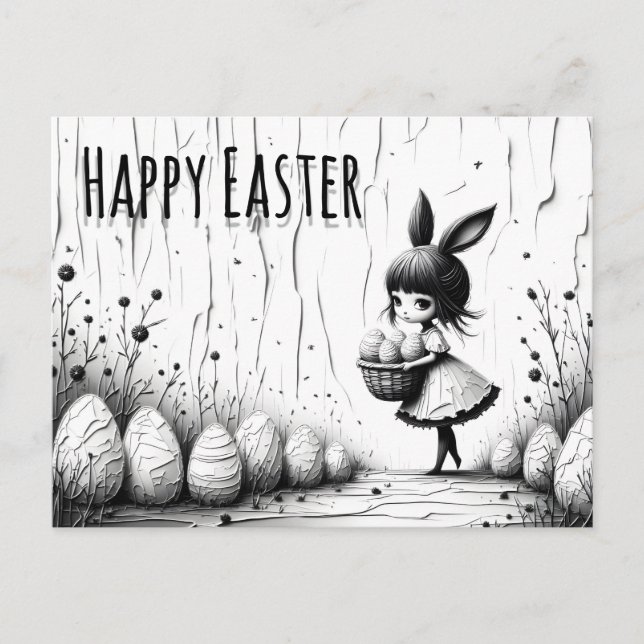 Postal Black and White Easter Girl with Bunny Ears (Anverso)