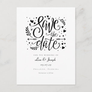 Postal Black and White Hearts Script Save the Date