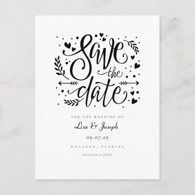 Postal Black and White Hearts Script Save the Date (Anverso)