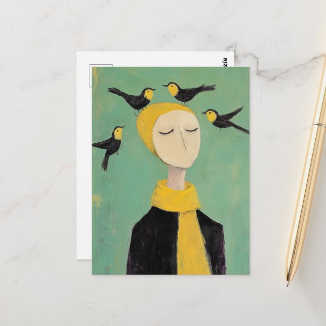 Postal Black and Yellow Birds on Her Head Whimsy Painting (Anverso/Reverso In Situ)