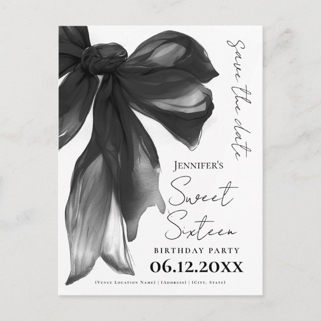 Postal Black Bow Coquette Sweet 16 Save the Date (Anverso)