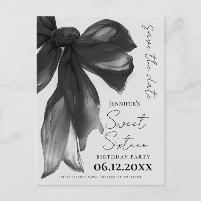 Postal Black Bow Coquette Sweet 16 Save the Date Grey (Anverso)