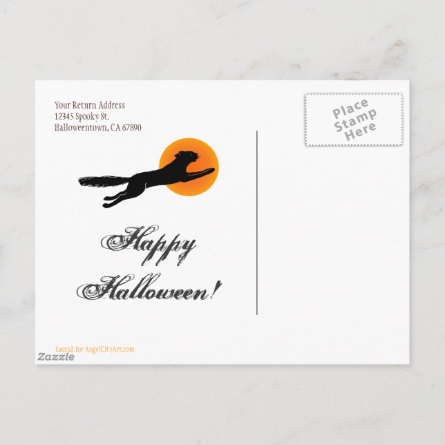 Postal Black Cat Flying School Happy Halloween Postcard (Reverso)