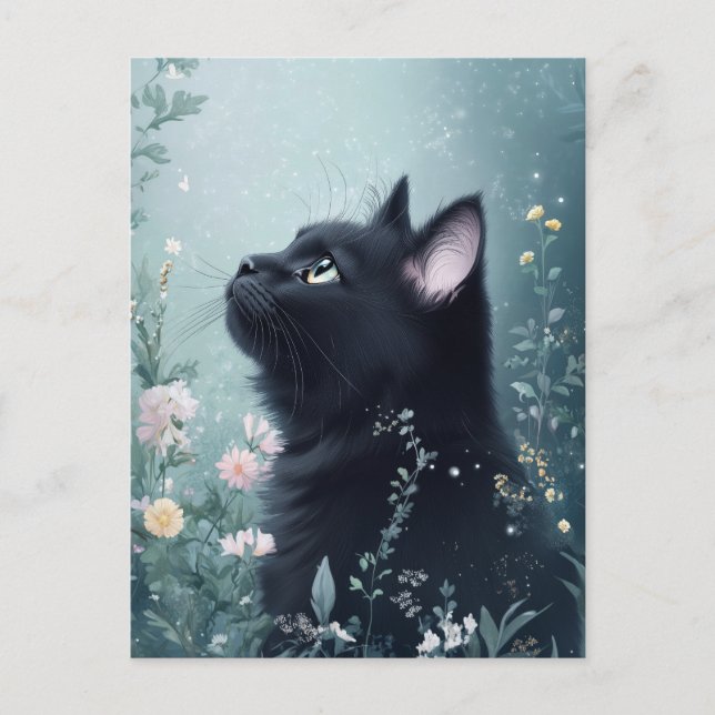 Postal Black Cat Gazing Upward in Magical Flower Garden (Anverso)