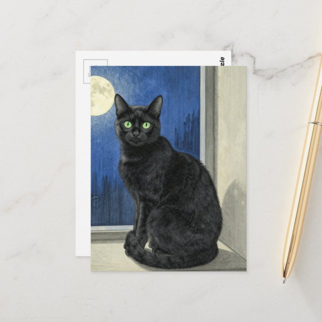 Postal Black Cat in the Window on a Rainy Night (Anverso/Reverso In Situ)
