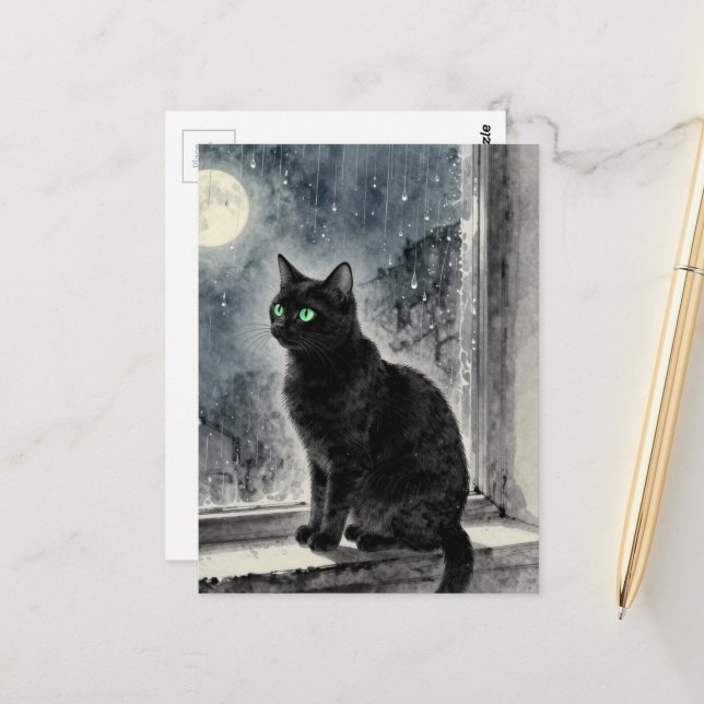 Postal Black Cat in the Window on a Rainy Night (Anverso/Reverso In Situ)