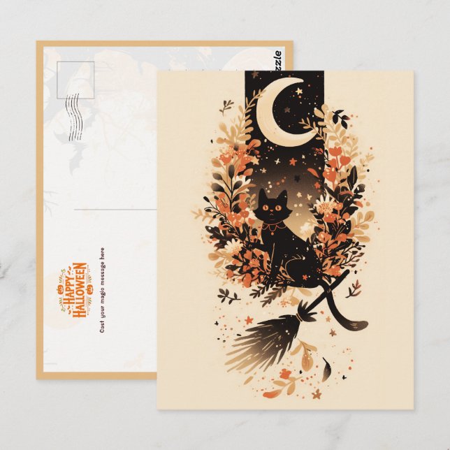 Postal Black Cat on Witch’s Broom Under the Moon (Anverso / Reverso)