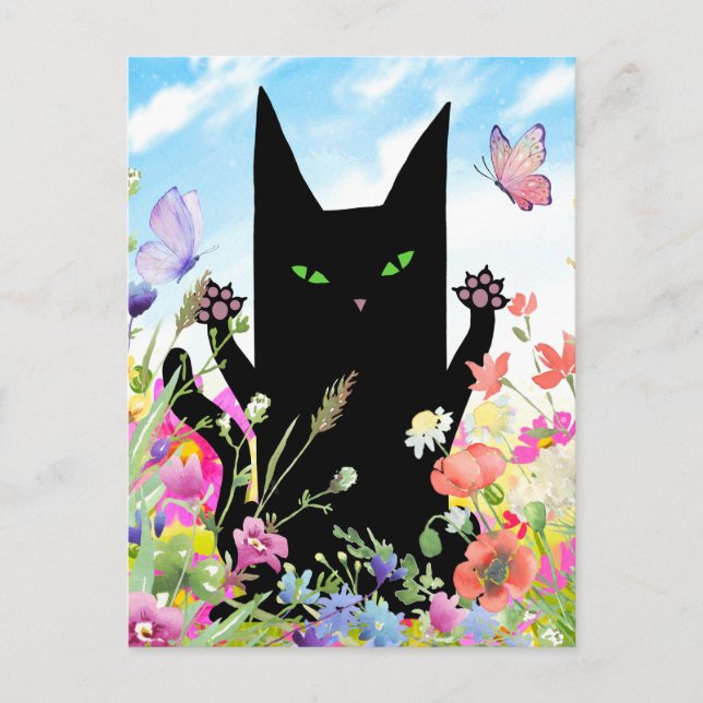 Postal Black Cat Spring Greeting Card:  Kitty and Flowers (Anverso)
