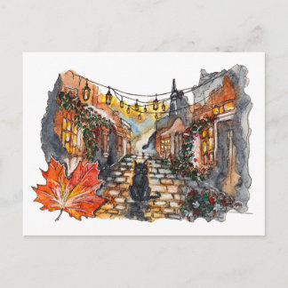 Postal Black Cat Village Road Halloween Watercolor