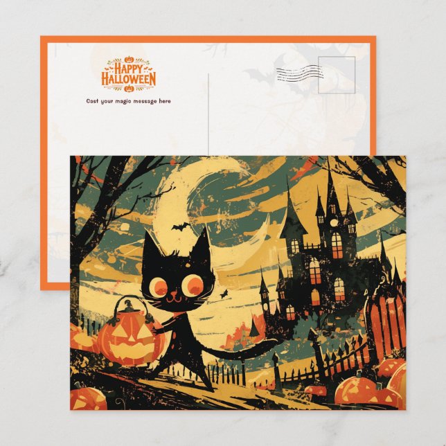 Postal Black Cat with Pumpkin Bucket by the Castle (Anverso / Reverso)