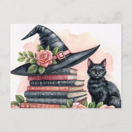 Postal Black Cat With Witch Hat and Books