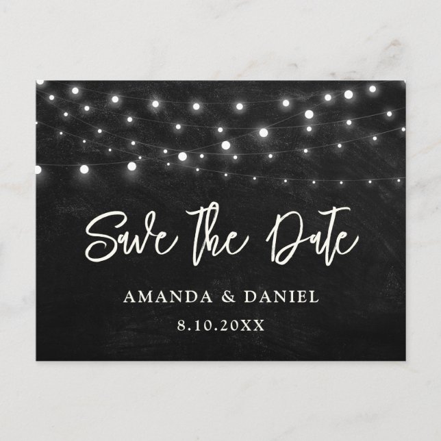 Postal Black Chalkboard String Lights Save the Date (Anverso)