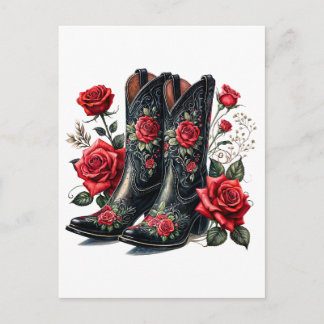 Postal Black Cowboy Boots With Red Roses