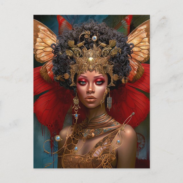 Postal Black Fairy Queen Red Gold Fairy Fantasma Art (Anverso)