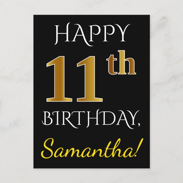 Postal Black, Faux Gold 11th Birthday + Custom Name (Anverso)