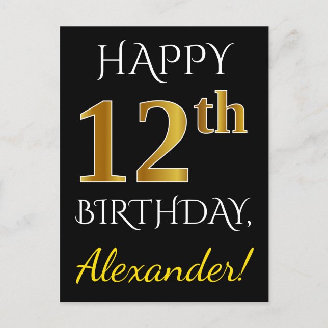 Postal Black, Faux Gold 12th Birthday + Custom Name (Anverso)