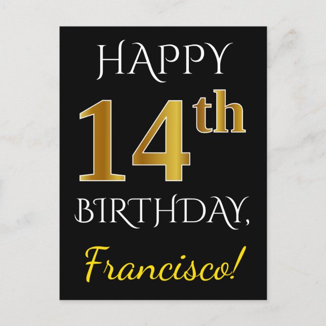 Postal Black, Faux Gold 14th Birthday + Custom Name (Anverso)