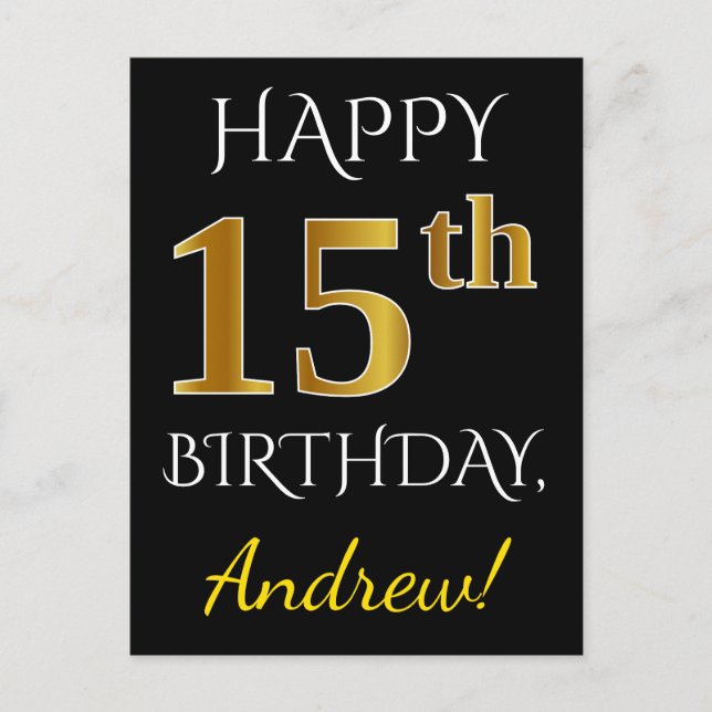 Postal Black, Faux Gold 15th Birthday + Custom Name (Anverso)