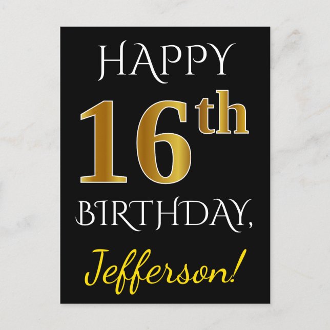 Postal Black, Faux Gold 16th Birthday + Custom Name (Anverso)