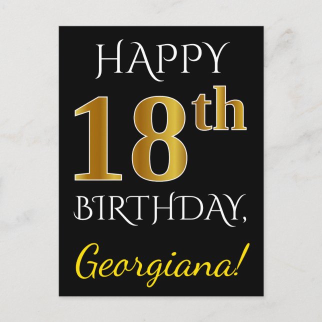 Postal Black, Faux Gold 18th Birthday + Custom Name (Anverso)