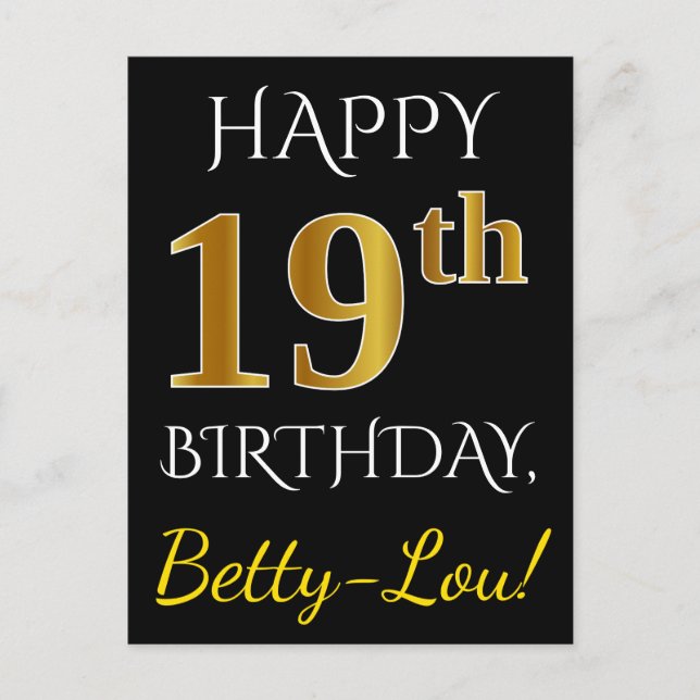 Postal Black, Faux Gold 19th Birthday + Custom Name (Anverso)