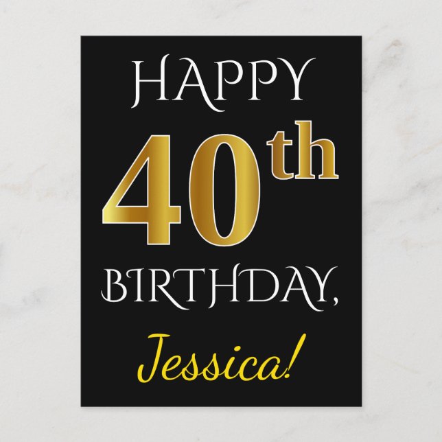 Postal Black, Faux Gold 40th Birthday + Custom Name (Anverso)
