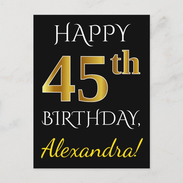 Postal Black, Faux Gold 45th Birthday + Custom Name (Anverso)