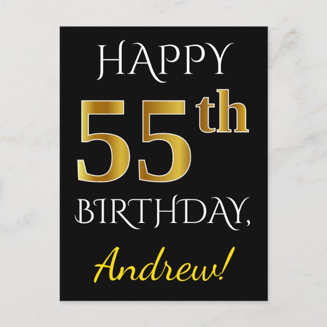 Postal Black, Faux Gold 55th Birthday + Custom Name (Anverso)