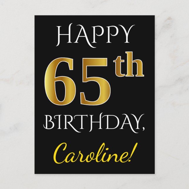 Postal Black, Faux Gold 65th Birthday + Custom Name (Anverso)