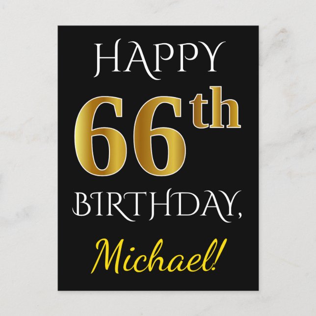 Postal Black, Faux Gold 66th Birthday + Custom Name (Anverso)